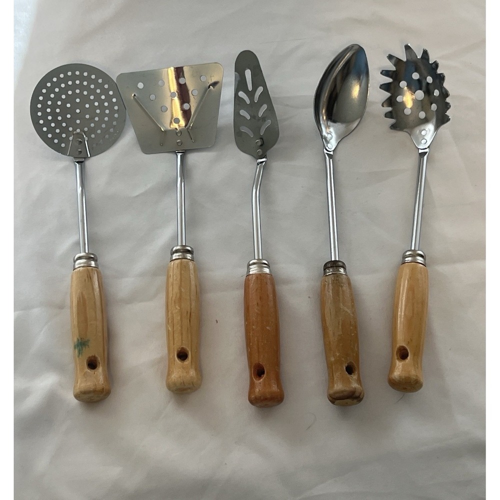 MUCSA Marca Reg. 5 Piece Small Utensil Set - Stainless Steel/ Wood Handles -9.5"